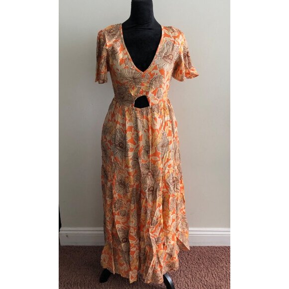 Land Of The Free Floral Print Orange & Beige Maxi‎ Dress With Cutout Size Small - Picture 4 of 9